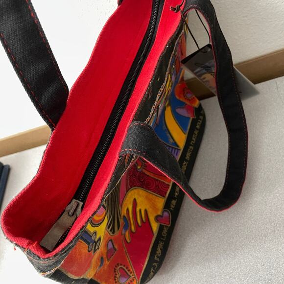 Laurel Burch Shoulder Bag Purse Multicolor Art Faces Women Hearts Zip NWT - Picture 7 of 8